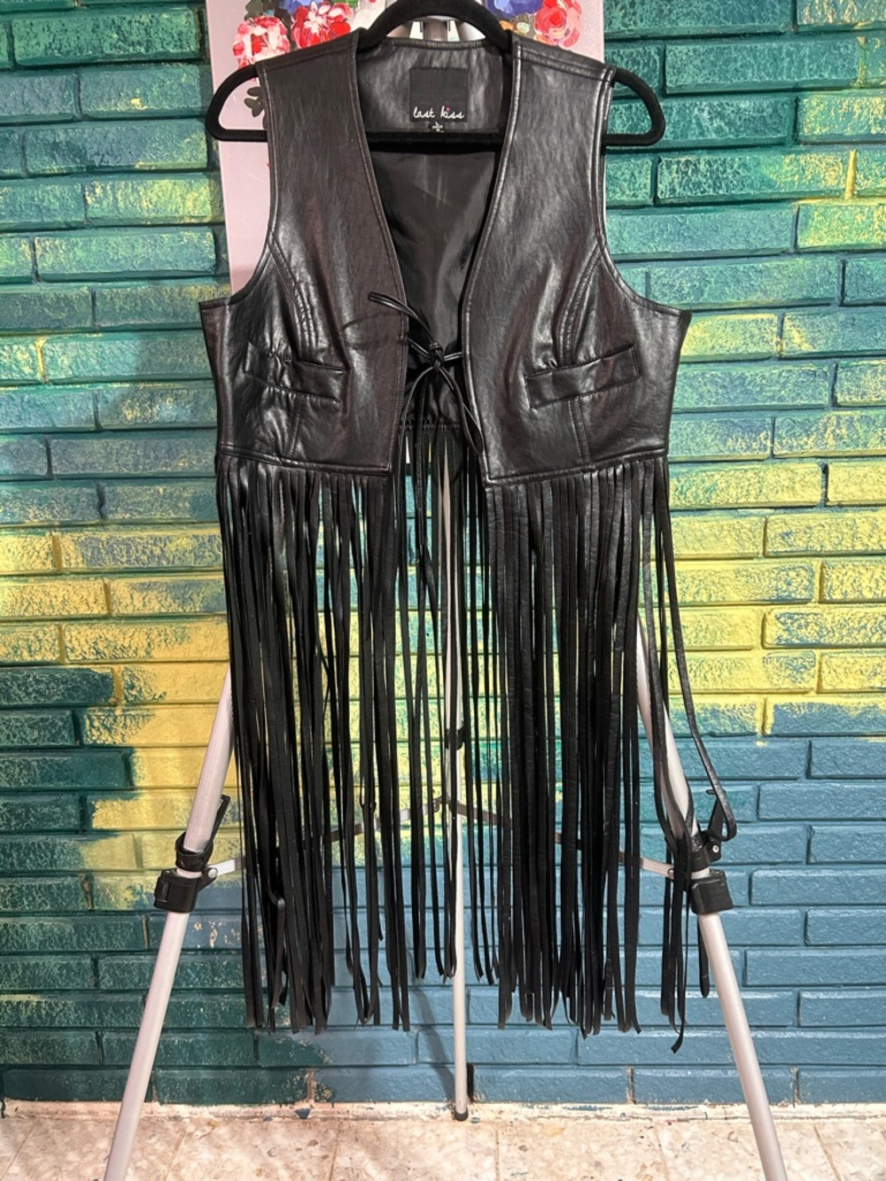 Black Faux Leather Fringe Vest large western boho